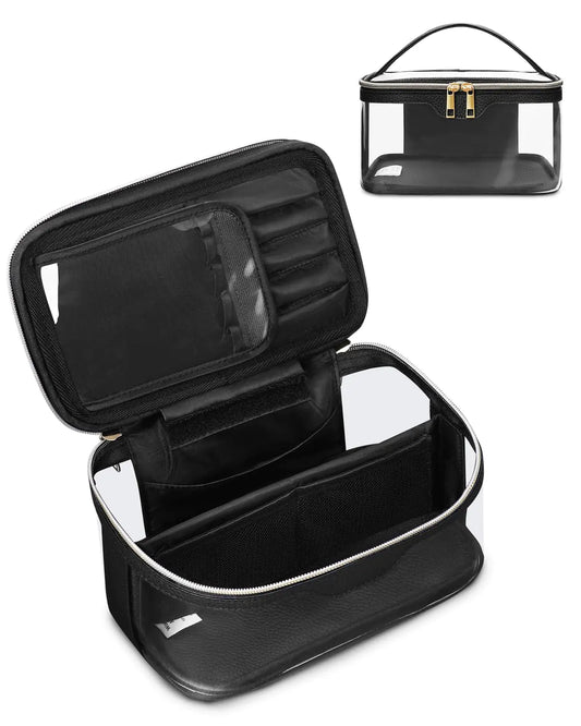 Wandering Nature Clear Makeup BagTransparent Makeup CaseWide Opening Make up Bag Travel Make Up Organizer Cosmetic Brush Bags for Women with Divider and Brush Compartment Black(Patent Pending)