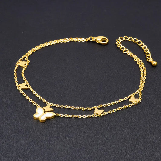 18k Gold Plated Shell Butterfly Double Layer Anklet